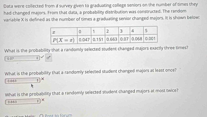 Data were collected from a survey given to graduating college seniors on the number of times they
had changed majors. From that data, a probability distribution was constructed. The random
variable X is defined as the number of times a graduating senior changed majors. It is shown below:
What is the probability that a randomly selected student changed majors exactly three times?
0.07 ; sigma°
What is the probability that a randomly selected student changed majors at least once?
0.663 ; ×
What is the probability that a randomly selected student changed majors at most twice?
0.663 ×