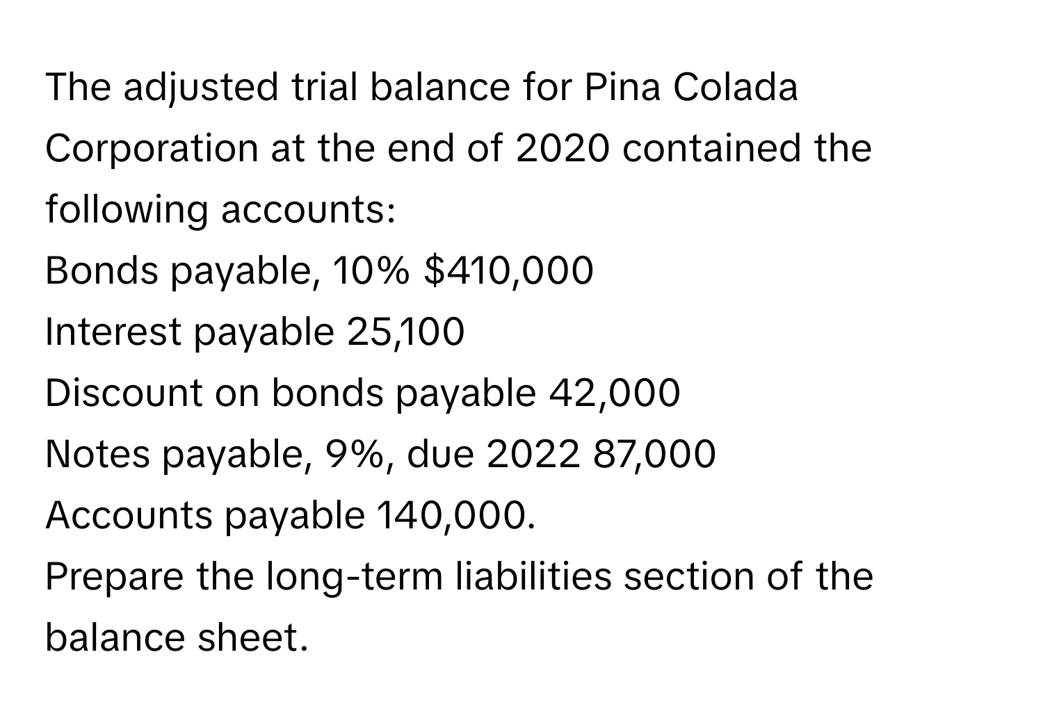 The adjusted trial balance for Pina Colada Corporation at the end of 2020 contained the following accounts:
Bonds payable, 10% $410,000
Interest payable 25,100
Discount on bonds payable 42,000
Notes payable, 9%, due 2022 87,000
Accounts payable 140,000.

Prepare the long-term liabilities section of the balance sheet.