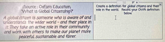 Source : OxFam Education, Create a definition for global citizens and their 
"What is Global Citizenship?" role in the world. Record your OWN definition 
below.' 
A global citizen is someone who is aware of and 
understands the wider world - and their place in 
it. They take an active role in their community 
and work with others to make our planet more 
peaceful, sustainable and fairer.