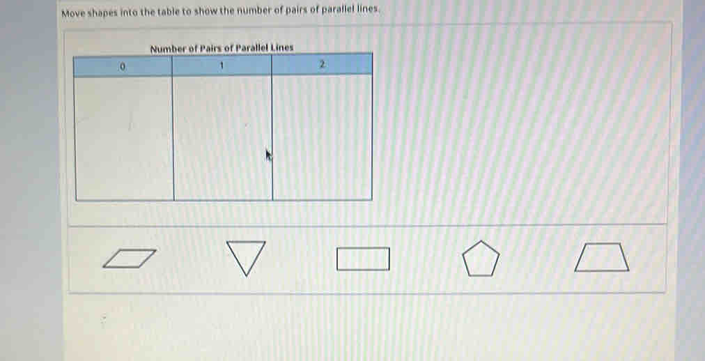 Move shapes into the table to show the number of pairs of parallel lines. 
airs of Parallel Lines