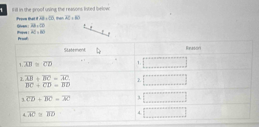 Fill in the proof using the reasons listed below: 
Prove that if overline AB≌ overline CD , then overline AC≌ overline BD
Given : overline AB=overline CD A 
Prove : overline AC≌ overline BD
。 
Proof: 
Statement Reason 
1. overline AB≌ overline CD □  1. □ 
2. overline AB+overline BC=overline AC. 
2. □
overline BC+overline CD=overline BD
3 overline CD+overline BC=overline AC
3. ... 
4. overline AC≌ overline BD
4. ·s ·s ·s