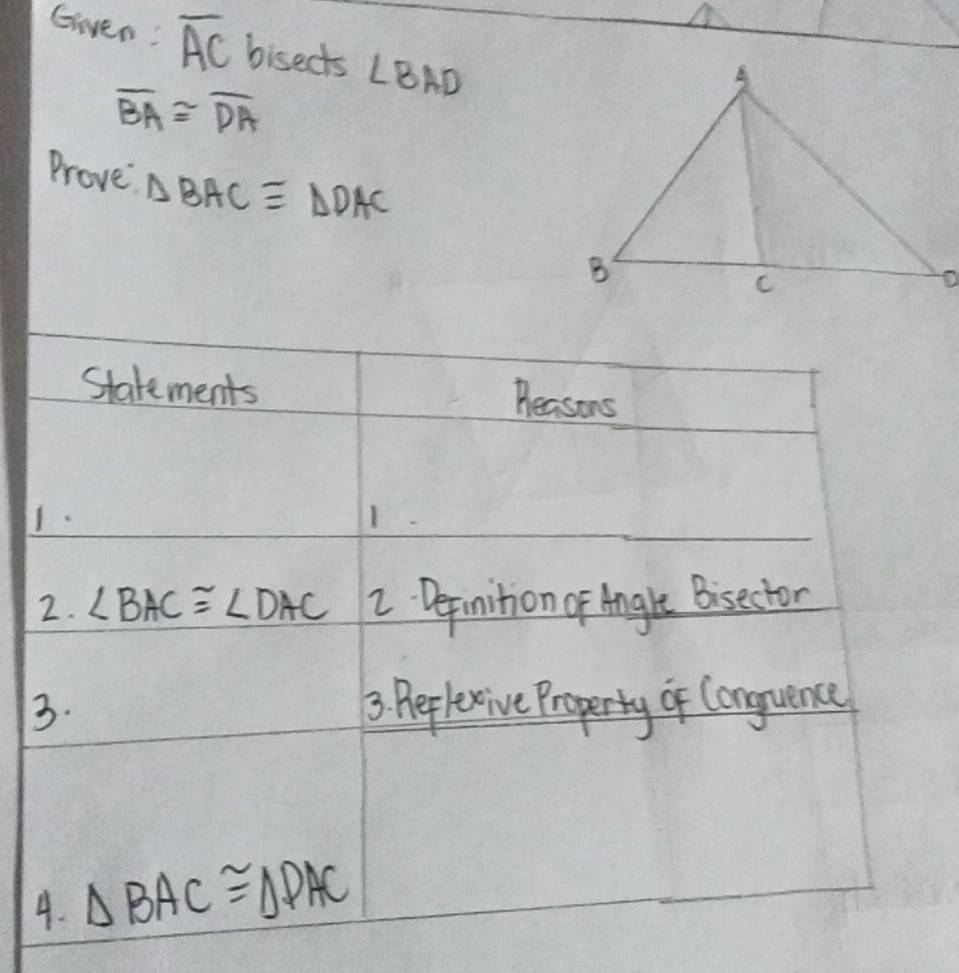 Gwen: overline AC bisects ∠ BAD
overline BA≌ overline DA
Prove △ BAC≌ △ DAC
4