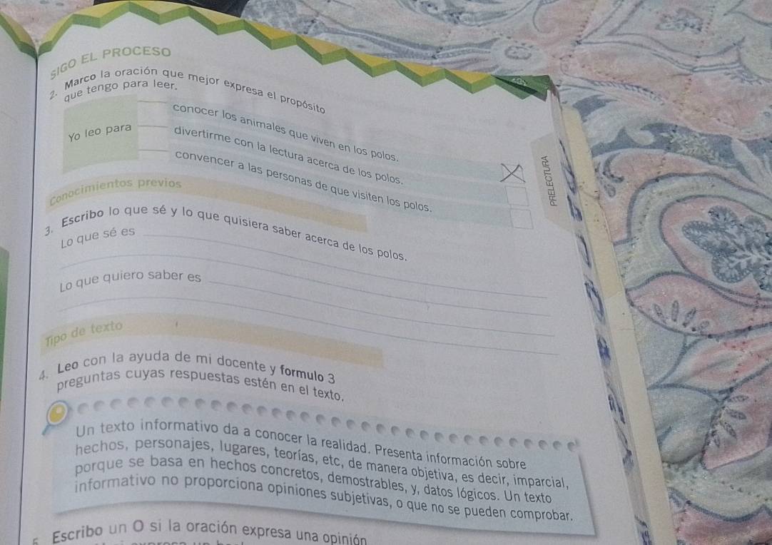 5IGO EL PROCESO 
que tengo para leer. 
2. Marco la oración que mejor expresa el propósito 
conocer los animales que viven en los polos 
Yo leo para _divertirme con la lectura acerca de los polos 
convencer à las personas de que visiten los polos 
Conocimientos previos 
_ 
Lo que sé es 
3. Escribo lo que sé y lo que quisiera saber acerca de los polos 
_ 
Lo que quiero saber es_ 
Tipo de texto 
4. Leo con la ayuda de mi docente y formulo 3 
preguntas cuyas respuestas estén en el texto 
Un texto informativo da a conocer la realidad. Presenta información sobre 
hechos, personajes, lugares, teorías, etc, de manera objetiva, es decir, imparcial. 
porque se basa en hechos concretos, demostrables, y, datos lógicos. Un texto 
informativo no proporciona opiniones subjetivas, o que no se pueden comprobar. 
« Escribo un O si la oración expresa una opinión