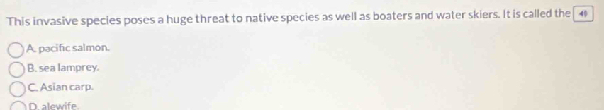 This invasive species poses a huge threat to native species as well as boaters and water skiers. It is called the 4
A. pacific salmon.
B. sea lamprey
C. Asian carp.
D. alewife.