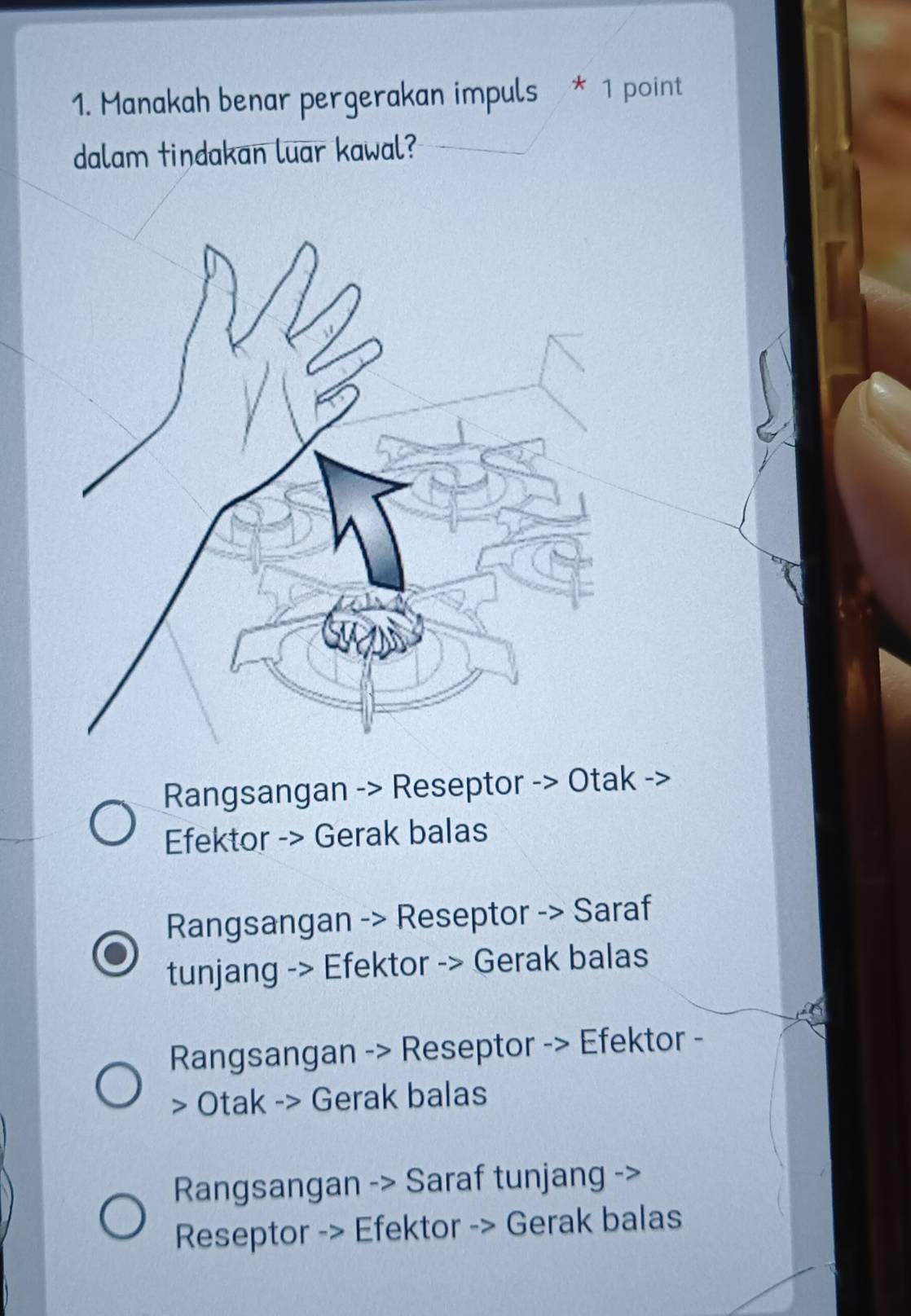 Manakah benar pergerakan impuls * 1 point
dalam tindakan luar kawal?
Rangsangan -> Reseptor -> Otak ->
Efektor -> Gerak balas
Rangsangan -> Reseptor -> Saraf
tunjang -> Efektor -> Gerak balas
Rangsangan -> Reseptor -> Efektor -
> Otak -> Gerak balas
Rangsangan -> Saraf tunjang ->
Reseptor -> Efektor -> Gerak balas