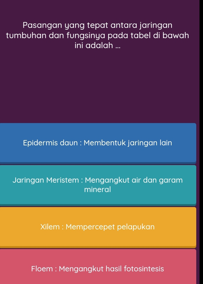 Pasangan yang tepat antara jaringan
tumbuhan dan fungsinya pada tabel di bawah 
ini adalah ...
Epidermis daun : Membentuk jaringan lain
Jaringan Meristem : Mengangkut air dan garam
mineral
Xilem : Mempercepet pelapukan
Floem : Mengangkut hasil fotosintesis