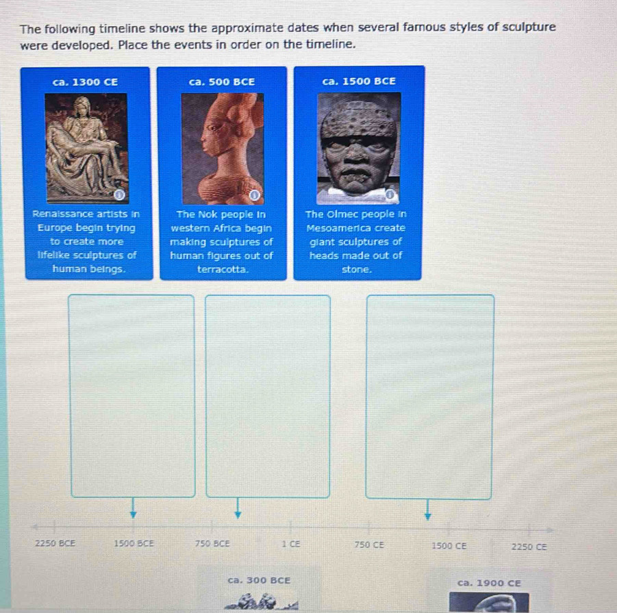 The following timeline shows the approximate dates when several famous styles of sculpture 
were developed. Place the events in order on the timeline. 
ca. 1300 CE ca. 500 BCE ca. 1500 BCE 
Renaissance artists in The Nok people In The Olmec people in 
Europe begin trying western Africa begin Mesoamerica create 
to create more making sculptures of giant sculptures of 
lifelike sculptures of human figures out of heads made out of 
human beings. terracotta. stone.
2250 BCE 1500 BCE 750 BCE 1 CE 750 CE 1500 CE 2250 CE 
ca. 300 BCE ca. 1900 CE