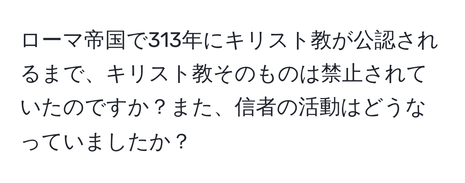 ローマ帝国で313年にキリスト教が公認されるまで、キリスト教そのものは禁止されていたのですか？また、信者の活動はどうなっていましたか？