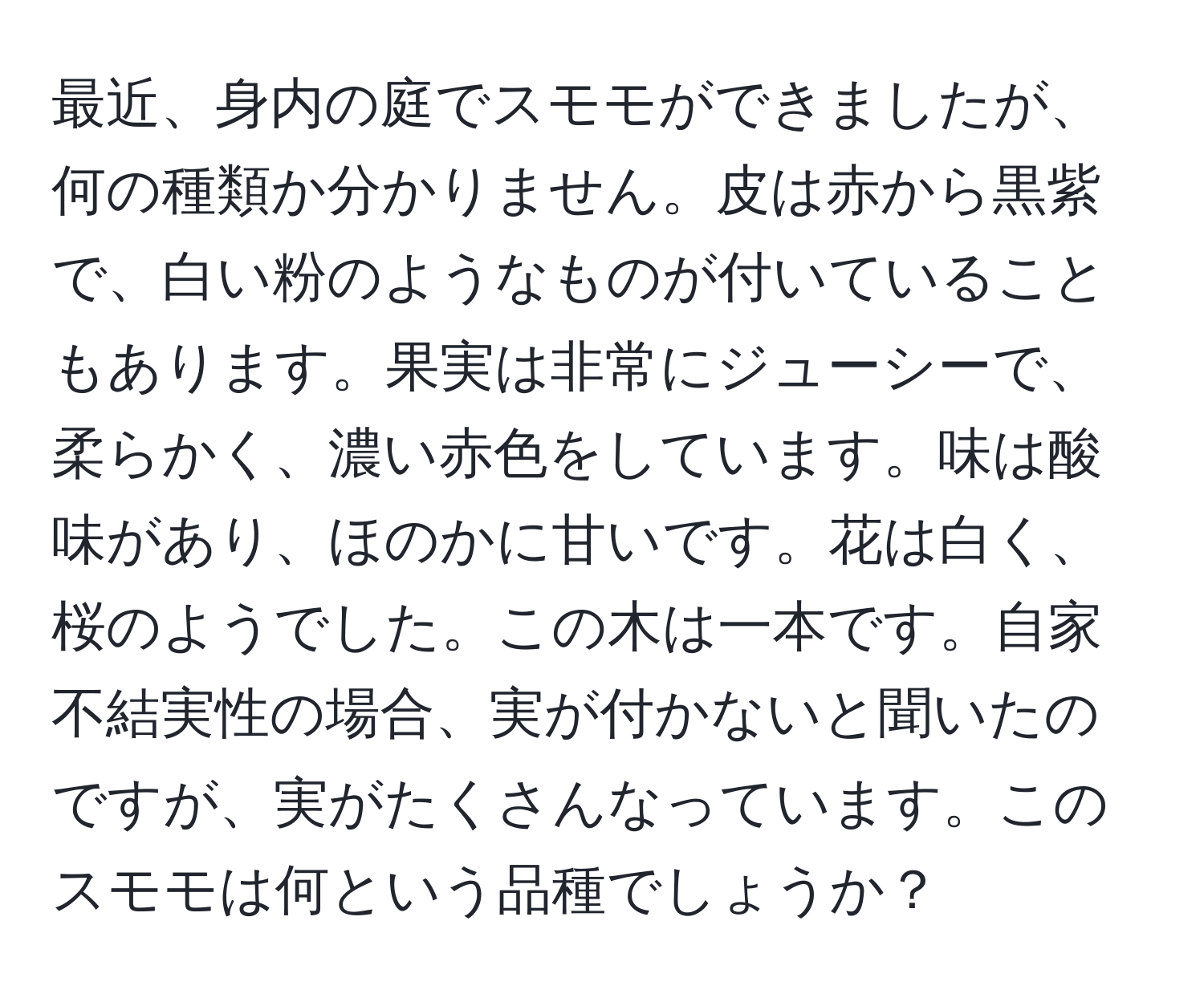 最近、身内の庭でスモモができましたが、何の種類か分かりません。皮は赤から黒紫で、白い粉のようなものが付いていることもあります。果実は非常にジューシーで、柔らかく、濃い赤色をしています。味は酸味があり、ほのかに甘いです。花は白く、桜のようでした。この木は一本です。自家不結実性の場合、実が付かないと聞いたのですが、実がたくさんなっています。このスモモは何という品種でしょうか？