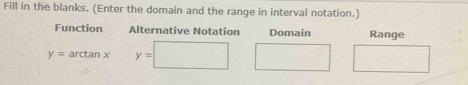 Fill in the blanks. (Enter the domain and the range in interval notation.) 
Function Alternative Notation Domain Range
y= overline c arctan x y=□ □ □ □ 