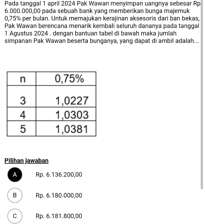 Pada tanggal 1 april 2024 Pak Wawan menyimpan uangnya sebesar Rp
6.000.000,00 pada sebuah bank yang memberikan bunga majemuk
0,75% per bulan. Untuk memajukan kerajinan aksesoris dari ban bekas,
Pak Wawan berencana menarik kembali seluruh dananya pada tanggal
1 Agustus 2024 . dengan bantuan tabel di bawah maka jumlah
simpanan Pak Wawan beserta bunganya, yang dapat di ambil adalah...
Pilihan jawaban
A Rp. 6.136.200,00
B Rp. 6.180.000,00
C Rp. 6.181.800,00