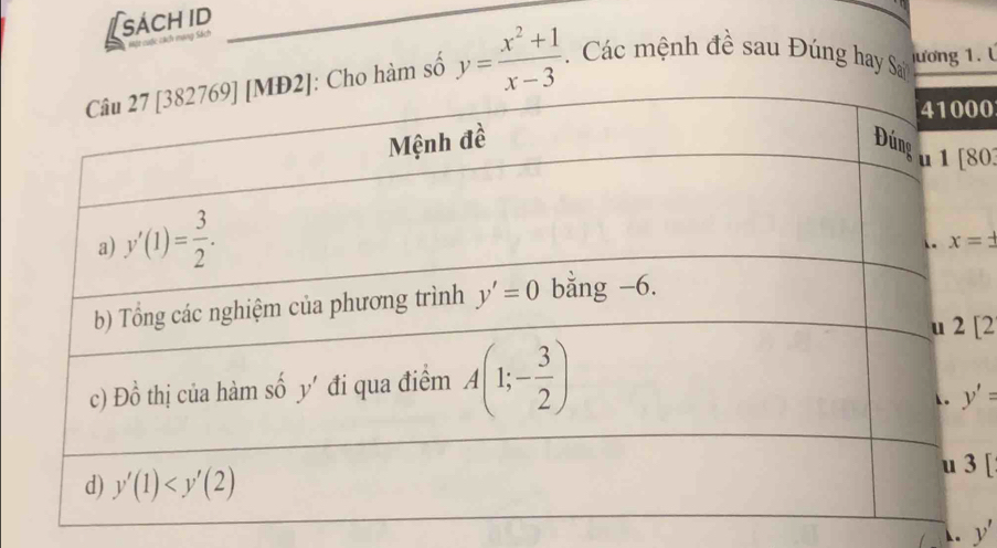 sách iD
   
Một cuộc cách mạng Sách
Cho hàm số y= (x^2+1)/x-3 .  Các mệnh đề sau Đúng hay Sa lương 1 
0
[80
[2
y'=
[
y'