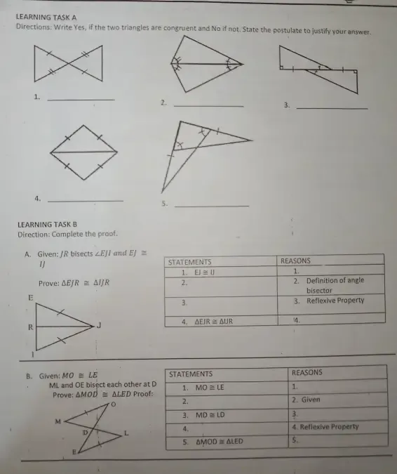 Solved: LEARNING TASK A Directions: Write Yes, if the two triangles are ...