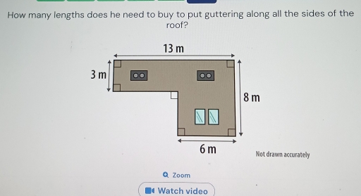 How many lengths does he need to buy to put guttering along all the sides of the 
roof? 
rawn accurately 
Q Zoom 
Watch video