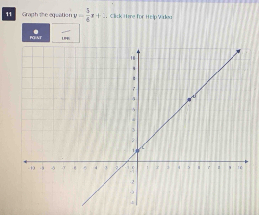 Graph the equation y= 5/6 x+1. Click Here for Help Video 
POINT LINE