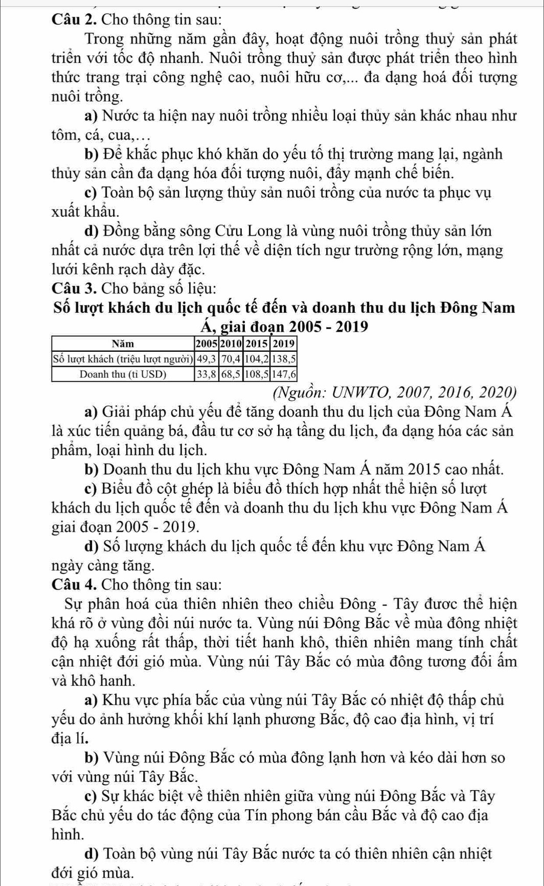 Cho thông tin sau:
Trong những năm gần đây, hoạt động nuôi trồng thuỷ sản phát
triển với tốc độ nhanh. Nuôi trồng thuỷ sản được phát triển theo hình
thức trang trại công nghệ cao, nuôi hữu cơ,... đa dạng hoá đối tượng
nuôi trồng.
a) Nước ta hiện nay nuôi trồng nhiều loại thủy sản khác nhau như
tôm, cá, cua,…
b) Để khắc phục khó khăn do yếu tố thị trường mang lại, ngành
thủy sản cần đa dạng hóa đối tượng nuôi, đầy mạnh chế biến.
c) Toàn bộ sản lượng thủy sản nuôi trồng của nước ta phục vụ
xuất khẩu.
d) Đồng bằng sông Cửu Long là vùng nuôi trồng thủy sản lớn
nhất cả nước dựa trên lợi thế về diện tích ngư trường rộng lớn, mạng
lưới kênh rạch dày đặc.
Câu 3. Cho bảng số liệu:
Số lượt khách du lịch quốc tế đến và doanh thu du lịch Đông Nam
Á, giai đoạn 2005 - 2019
(Nguồn: UNWTO, 2007, 2016, 2020)
a) Giải pháp chủ yếu để tăng doanh thu du lịch của Đông Nam Á
là xúc tiến quảng bá, đầu tư cơ sở hạ tầng du lịch, đa dạng hóa các sản
phẩm, loại hình du lịch.
b) Doanh thu du lịch khu vực Đông Nam Á năm 2015 cao nhất.
c) Biểu đồ cột ghép là biểu đồ thích hợp nhất thể hiện số lượt
khách du lịch quốc tế đến và doanh thu du lịch khu vực Đông Nam Á
giai đoạn 2005 - 2019.
d) Số lượng khách du lịch quốc tế đến khu vực Đông Nam Á
ngày càng tăng.
Câu 4. Cho thông tin sau:
Sự phân hoá của thiên nhiên theo chiều Đông - Tây được thể hiện
khá rõ ở vùng đồi núi nước ta. Vùng núi Đông Bắc về mùa đông nhiệt
độ hạ xuống rất thấp, thời tiết hanh khô, thiên nhiên mang tính chất
cận nhiệt đới gió mùa. Vùng núi Tây Bắc có mùa đông tương đối ấm
và khô hanh.
a) Khu vực phía bắc của vùng núi Tây Bắc có nhiệt độ thấp chủ
yếu do ảnh hưởng khối khí lạnh phương Bắc, độ cao địa hình, vị trí
địa lí.
b) Vùng núi Động Bắc có mùa đông lạnh hơn và kéo dài hơn so
với vùng núi Tây Bắc.
c) Sự khác biệt về thiên nhiên giữa vùng núi Đông Bắc và Tây
Bắc chủ yếu do tác động của Tín phong bán cầu Bắc và độ cao địa
hình.
d) Toàn bộ vùng núi Tây Bắc nước ta có thiên nhiên cận nhiệt
đới gió mùa.