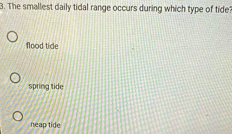 The smallest daily tidal range occurs during which type of tide?
flood tide
spring tide
neap tide