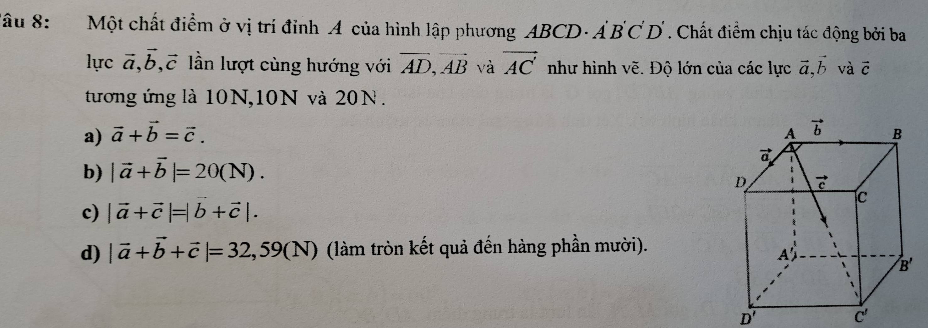 âu 8:   Một chất điểm ở vị trí đỉnh A của hình lập phương ABCD- Á BC D . Chất điểm chịu tác động bởi ba
lực vector a,vector b,vector c ần lượt cùng hướng với overline AD,overline AB và vector AC như hình vẽ. Độ lớn của các lực vector a,vector b và vector C
tương ứng là 10N,10N và 20N.
a) vector a+vector b=vector c.
b) |vector a+vector b|=20(N).
c) |vector a+vector c|=|vector b+vector c|.
d) |vector a+vector b+vector c|=32,59(N) (làm tròn kết quả đến hàng phần mười).
D'