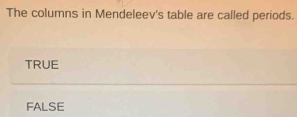 The columns in Mendeleev's table are called periods.
TRUE
FALSE