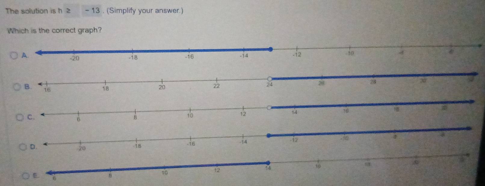 The solution is h 2 - 13. (Simplify your answer.) 
Which is the correct graph?