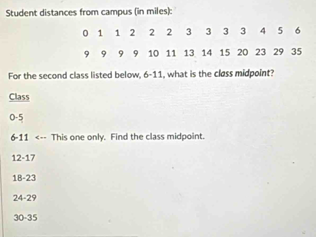 Student distances from campus (in miles):
0 1 1 2 2 2 3 3 3 3 4 5 6
9 9 9 9 10 11 13 14 15 20 23 29 35
For the second class listed below, 6-11, what is the class midpoint?
Class
0-5
6-11 -- This one only. Find the class midpoint.
12-17
18-23
24-29
30 - 35