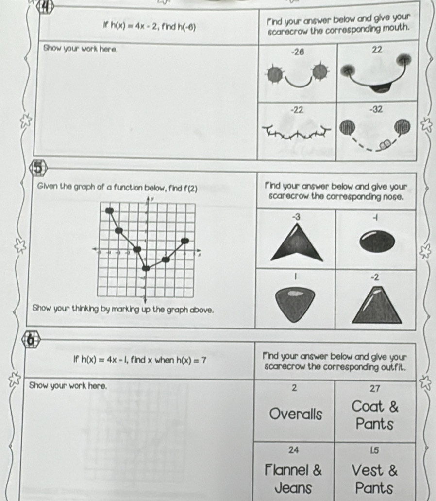 If h(x)=4x-2 find h(-6)
I"ind your answer below and give your
scarecrow the corresponding mouth.
Show your work here.
-26 22
-22 -32
A
Given the graph of a function below, find f(2) Iind your answer below and give your
scarecrow the corresponding nose.
-3
-1
-
4
|
-2
Show your thinking by marking up the graph above.
If h(x)=4x-1 , find x when h(x)=7
Iind your answer below and give your
scarecrow the corresponding outfit.
Show your work here. 2 27
Overalls Coat &
Pants
24 1.5
Flannel & Vest &
Jeans Pants
