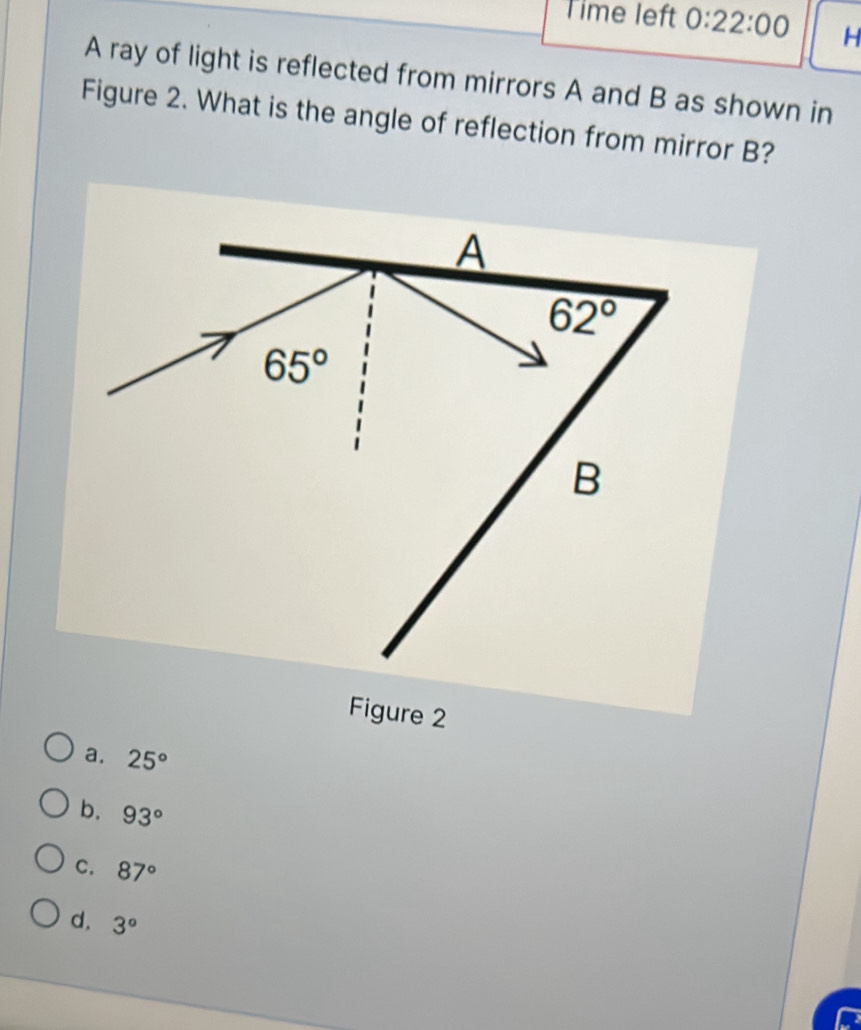 Time left 0:22:00 H
A ray of light is reflected from mirrors A and B as shown in
Figure 2. What is the angle of reflection from mirror B?
A
62°
65°
B
Figure 2
a. 25°
b. 93°
C. 87°
d. 3°