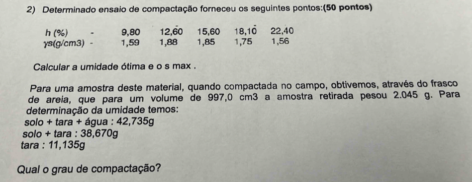 Determinado ensaio de compactação forneceu os seguintes pontos:(50 pontos)
h(% ). 9, 80 12, 60 15, 60 18, 10 22, 40
ys(g/cm3 ) - 1,59 1,88 1,85 1,75 1,56
Calcular a umidade ótima e o s max . 
Para uma amostra deste material, quando compactada no campo, obtivemos, através do frasco 
de areia, que para um volume de 997,0 cm3 a amostra retirada pesou 2.045 g. Para 
determinação da umidade temos: 
solo + tara + água : 42,735g
solo + tara : 38,670g
tara : 11,135g
Qual o grau de compactação?