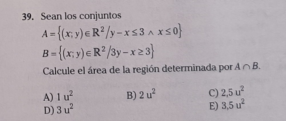 Sean los conjuntos
A= (x;y)∈ R^2/y-x≤ 3wedge x≤ 0
B= (x;y)∈ R^2/3y-x≥ 3
Calcule el área de la región determinada por A∩ B.
A) 1u^2 B) 2u^2 C) 2,5u^2
D) 3u^2
E) 3,5u^2