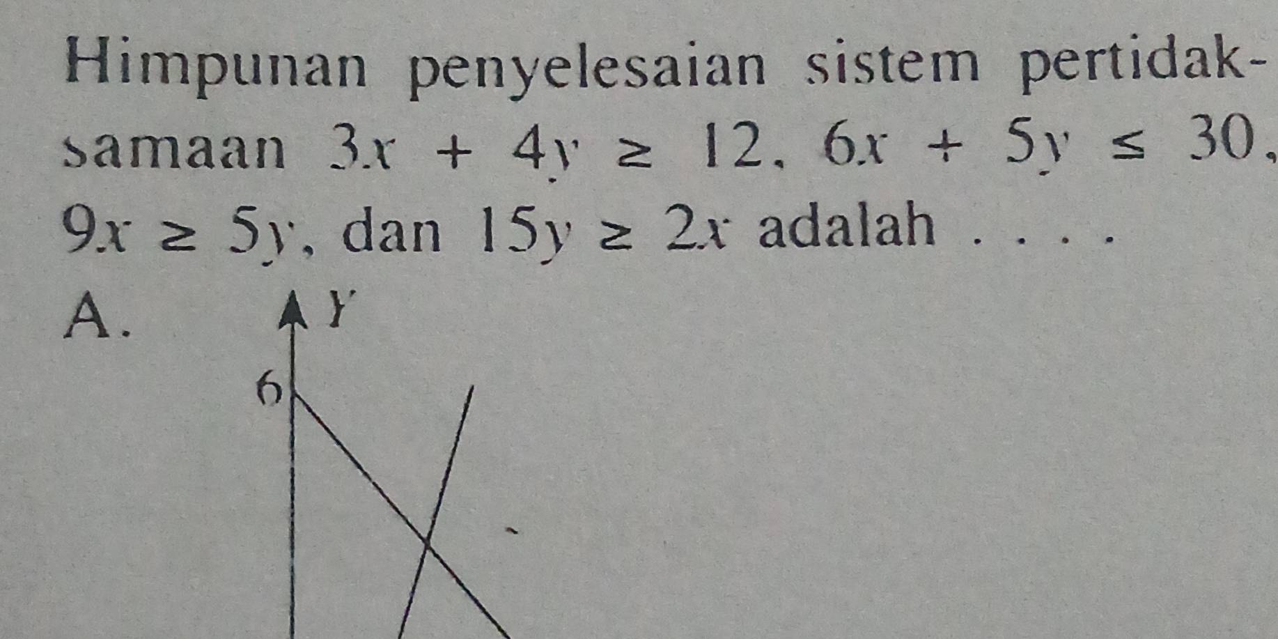 Himpunan penyelesaian sistem pertidak-
samaan 3x+4y≥ 12, 6x+5y≤ 30.
9x≥ 5y , dan 15y≥ 2x adalah . . . .
A.
Y
6