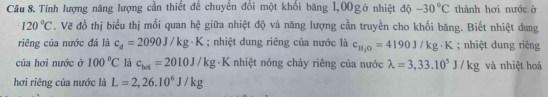 Tính lượng năng lượng cần thiết để chuyển đồi một khối băng 1,00gở nhiệt độ -30°C thành hơi nước ở
120°C. Vẽ đồ thị biểu thị mối quan hệ giữa nhiệt độ và năng lượng cần truyền cho khối băng. Biết nhiệt dung 
riêng của nước đá là c_d=2090J/kg· K; nhiệt dung riêng của nước là c_H_2O=4190J/kg· K; nhiệt dung riêng 
của hơi nước ở 100°C là c_hdi=2010J/kg ·K nhiệt nóng chảy riêng của nước lambda =3,33.10^5J/kg và nhiệt hoá 
hơi riêng của nước là L=2,26.10^6J/kg