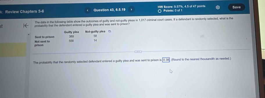 HW Score: 9.57%, 4.5 of 47 points Save
k: Review Chapters 5-6 Question 43, 6.5.19 Points: 0 of 1
The data in the following table show the outcomes of guilty and not-guilty pleas in 1,017 criminal court cases. If a defendant is randomly selected, what is the
probability that the defendant entered a guilty plea and was sent to prison?
Guilty plea Not-guilty plea □
Sent to prison 389 58
Not sent to 556 14
prison
The probability that the randomly selected defendant entered a guilty plea and was sent to prison is [0.38]. (Round to the nearest thousandth as needed.)