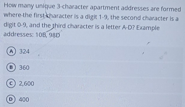 Solved: How many unique 3 -character apartment addresses are formed ...