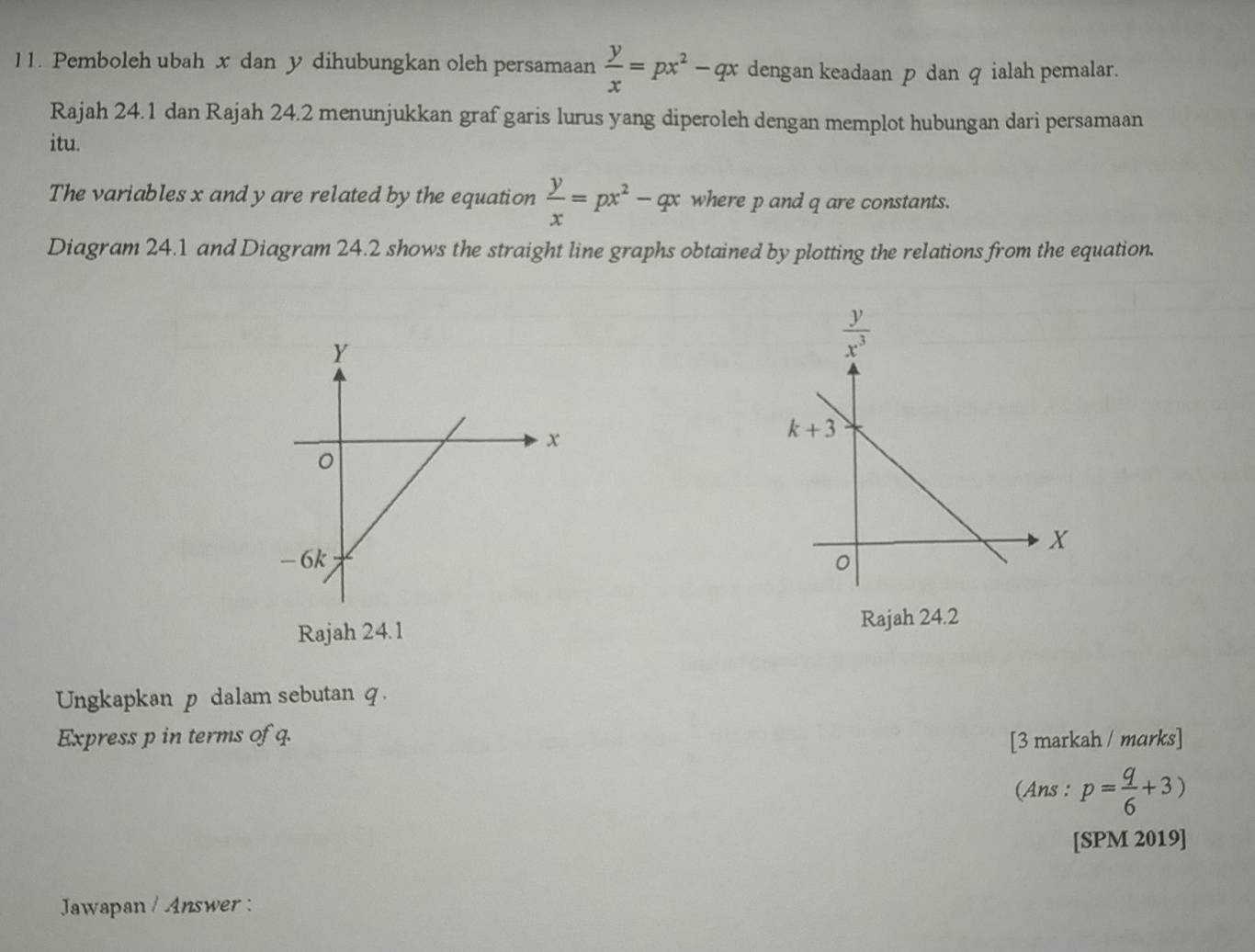 Pemboleh ubah x dan y dihubungkan oleh persamaan  y/x =px^2-qx dengan keadaan p dan q ialah pemalar.
Rajah 24.1 dan Rajah 24.2 menunjukkan graf garis lurus yang diperoleh dengan memplot hubungan dari persamaan
itu.
The variables x and y are related by the equation  y/x =px^2-qx where p and q are constants.
Diagram 24.1 and Diagram 24.2 shows the straight line graphs obtained by plotting the relations from the equation.
 
Rajah 24.1 Rajah 24.2
Ungkapkan p dalam sebutan q.
Express p in terms of q. [3 markah / marks]
(Ans : p= q/6 +3)
[SPM 2019]
Jawapan / Answer :