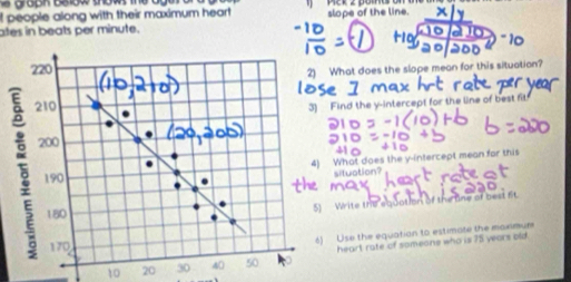 graoh below show 
I people along with their maximum hear slope of the line. 
ates in beats per minute. 
D
220
2) What does the slope mean for this situation?
(10 2/3 +0)
210
3) Find the y-intercept for the line of best fi
200 (20,200)
190 4) What does the y-intercept mean for this 
situotion? 
5) Write the equation of the fine of best ft
180
170
6) Use the equation to estimate the moximum
10 20 30 40 50. heart rate of someone who is 75 years old.