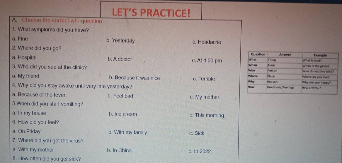 LET'S PRACTICE!
A. Choose the correct wh- question.
1. What symptoms did you have?
a. Fine b. Yesterday c. Headache
2. Where did you go?
a. Hospital b. A doctor c. At 4:00 pm 
3. Who did you see at the clinic?
a. My friend b. Because it was nice c. Terrible
4. Why did you stay awake until very late yesterday?
a. Because of the fever. b. Feel bad c. My mother.
5.When did you start vomiting?
a. In my house b. Ice cream c. This morning.
6. How did you feel?
a. On Friday b. With my family. c. Sick
7. Where did you get the virus?
a. With my mother b. In China. c. In 2022
8. How often did you get sick?