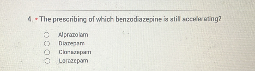 The prescribing of which benzodiazepine is still accelerating?
Alprazolam
Diazepam
Clonazepam
Lorazepam