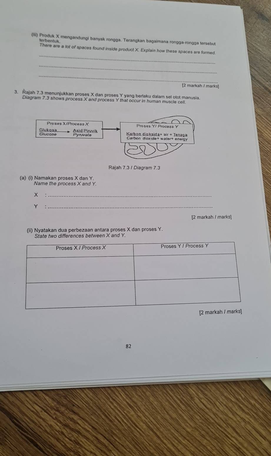 (iii) Produk X mengandungi banyak rongga. Terangkan bagaimana rongga-rongga tersebut 
terbentuk 
_ 
There are a lot of spaces found inside product X. Explain how these spaces are formed. 
_ 
_ 
[2 markah / marks] 
3. Rajah 7.3 menunjukkan proses X dan proses Y yang berlaku dalam sel otot manusia. 
Diagram 7.3 shows process X and process Y that occur in human muscle cell. 
Rajah 7.3 / Diagram 7.3 
(a) (i) Namakan proses X dan Y. 
Name the process X and Y.
x
_
Y
_ 
[2 markah / marks] 
(ii) Nyatakan dua perbezaan antara proses X dan proses Y. 
State two differences between X and Y. 
82