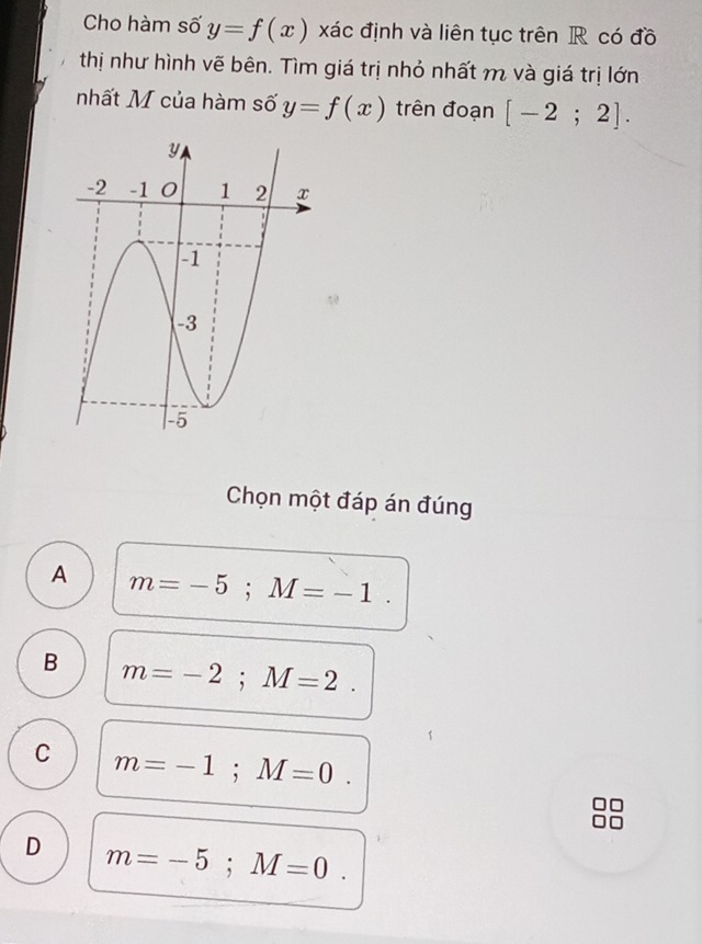 Cho hàm số y=f(x) xác định và liên tục trên R có đồ
thị như hình vẽ bên. Tìm giá trị nhỏ nhất m và giá trị lớn
nhất M của hàm số y=f(x) trên đoạn [-2;2]. 
Chọn một đáp án đúng
A m=-5; M=-1.
B m=-2; M=2.
C m=-1; M=0.
D m=-5; M=0.