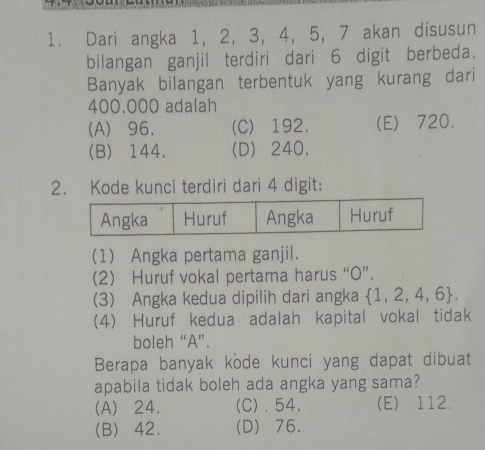 Dari angka 1, 2, 3, 4, 5, 7 akan disusun
bilangan ganjil terdiri dari 6 digit berbeda.
Banyak bilangan terbentuk yang kurang dari
400.000 adalah
(A) 96. (C) 192. (E) 720.
(B) 144. (D) 240.
2. Kode kunci terdiri dari 4 digit:
(1) Angka pertama ganjil.
(2) Huruf vokal pertama harus “O”.
(3) Angka kedua dipilih dari angka  1,2,4,6. 
(4) Huruf kedua adalah kapital vokal tidak
boleh “ A ”.
Berapa banyak kode kunci yang dapat dibuat
apabila tidak boleh ada angka yang sama?
(A) 24. (C)、 54. (E) 112.
(B) 42. (D) 76.