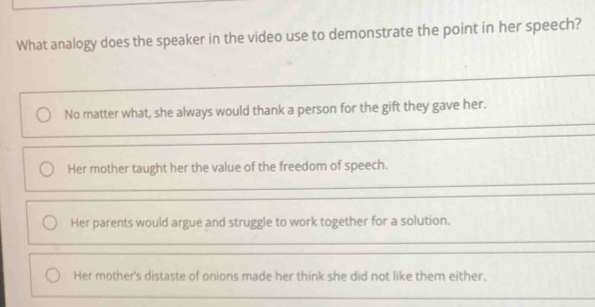 What analogy does the speaker in the video use to demonstrate the point in her speech?
No matter what, she always would thank a person for the gift they gave her.
Her mother taught her the value of the freedom of speech.
Her parents would argue and struggle to work together for a solution.
Her mother's distaste of onions made her think she did not like them either.