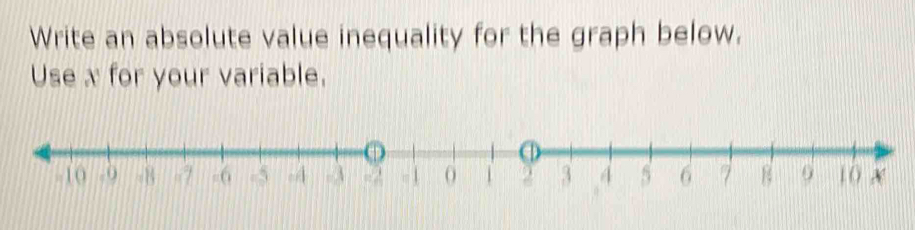 Write an absolute value inequality for the graph below. 
Use x for your variable.
-10 -8 -7 -6 -5 -4 . 3 22 - 1 0