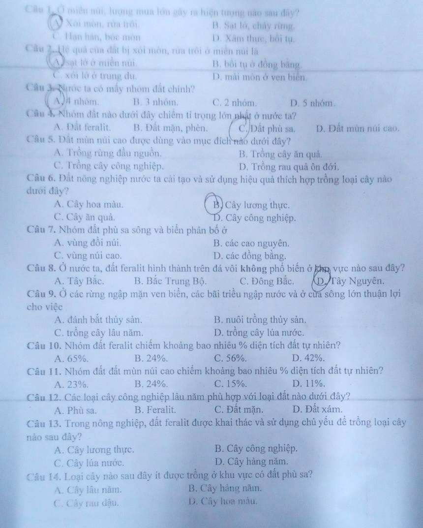 Ở miên núi, lượng mua lớn gây ra hiện tượng nào sau đây?
V Xôi môn, rừa trôi B. Sạt là, chây rừng.
C. Hạn hán, bóc mòn D. Xâm thực, bởi tụ.
Câu 2. Hệ quả của đất bị xói mòn, rừa trôi ở miền núi là
A sat lớ ở miền núi B. bồi tụ ở đồng băng.
C. xôi là ở trung du. D. mài mòn ở ven biển.
Câu 3: Nhước ta có mẫy nhóm đất chính?
A 4 nhóm. B. 3 nhóm. C. 2 nhóm. D. 5 nhóm.
Câu 4 Nhóm đất nào dưới đây chiêm tỉ trọng lớn nhật ở nước ta?
A. Đut feralit. B. Đất mặn, phèn. C. Dất phù sa. D. Đất mùn núi cao.
Câu 5. Đất mùn núi cao được dùng vào mục đích nào dưới đây?
A. Trồng rừng đầu nguồn. B. Trồng cây ăn quả.
C. Trồng cây công nghiệp. D. Trồng rau quả ôn đới.
Câu 6. Đất nông nghiệp nước ta cải tạo và sử dụng hiệu quả thích hợp trồng loại cây nào
dưới đây?
A. Cây hoa màu. B.Cây lương thực.
C. Cây ăn quả. D. Cây công nghiệp.
Câu 7. Nhóm đất phù sa sông và biển phân bố ở
A. vùng đồi núi. B. các cao nguyên.
C. vùng núi cao. D. các đồng bằng.
Câu 8. Ở nước ta, đất feralit hình thành trên đá vôi không phổ biến ở khu vực nào sau đây?
A. Tây Bắc. B. Bắc Trung Bộ. C. Đông Bắc. Dy Tây Nguyên.
Câu 9. Ở các rừng ngập mặn ven biển, các bãi triều ngập nước và ở cửa sông lớn thuận lợi
cho việc
A. đánh bắt thủy sản. B. nuôi trồng thủy sản.
C. trồng cây lâu năm. D. trồng cây lúa nước.
Câu 10. Nhóm đất feralit chiếm khoảng bao nhiêu % diện tích đất tự nhiên?
A. 65%. B. 24%. C. 56%. D. 42%.
Câu 11. Nhóm đất đất mùn núi cao chiếm khoảng bao nhiêu % diện tích đất tự nhiên?
A. 23%. B. 24%. C. 15%. D. 11%.
Câu 12. Các loại cây công nghiệp lâu năm phù hợp với loại đất nào dưới đây?
A. Phù sa. B. Feralit. C. Đất mặn. D. Đất xám.
Câu 13. Trong nông nghiệp, đất feralit được khai thác và sử dụng chủ yếu để trồng loại cây
nào sau đây?
A. Cây lương thực. B. Cây công nghiệp.
C. Cây lúa nước. D. Cây hàng năm.
Câu 14. Loại cây nào sau đây ít được trồng ở khu vực có đất phù sa?
A. Cây lâu năm. B. Cây hàng năm.
C. Cây rau đậu. D. Cây hoa màu.