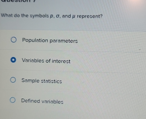 Solved: What do the symbols p, σ, and μ represent? Population ...