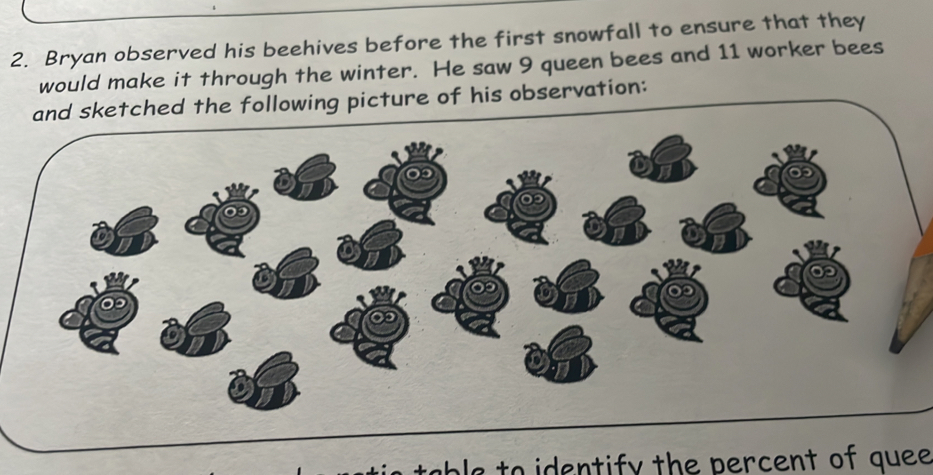 Bryan observed his beehives before the first snowfall to ensure that they 
would make it through the winter. He saw 9 queen bees and 11 worker bees 
and sketched the following picture of his observation: 
e to en tify the percent of quee