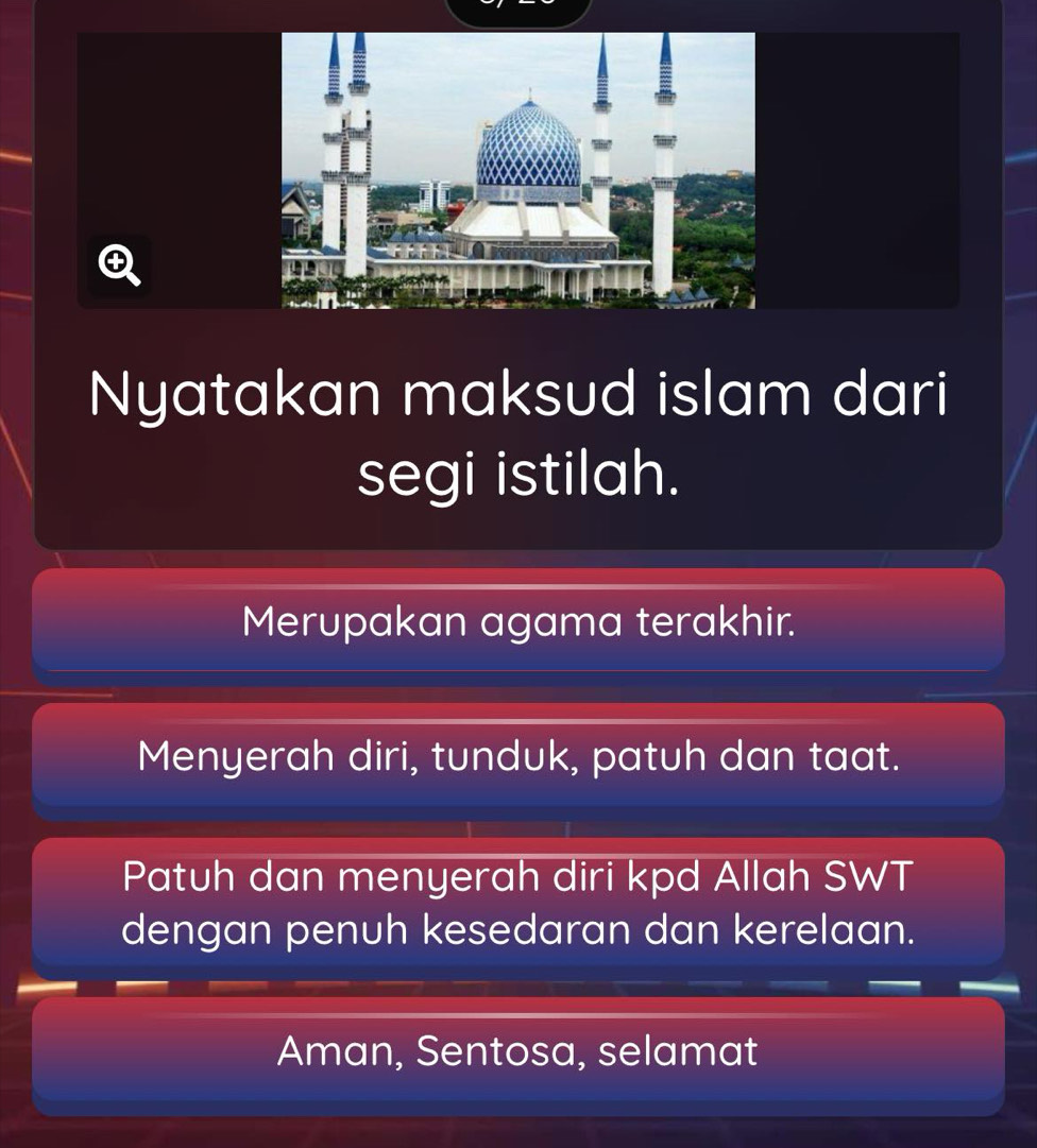 ④
Nyatakan maksud islam dari
segi istilah.
Merupakan agama terakhir.
Menyerah diri, tunduk, patuh dan taat.
Patuh dan menyerah diri kpd Allah SWT
dengan penuh kesedaran dan kerelaan.
Aman, Sentosa, selamat