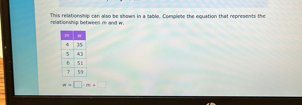 This relationship can also be shown in a table. Complete the equation that represents the 
relationship between m and w.
w=□ · m+□