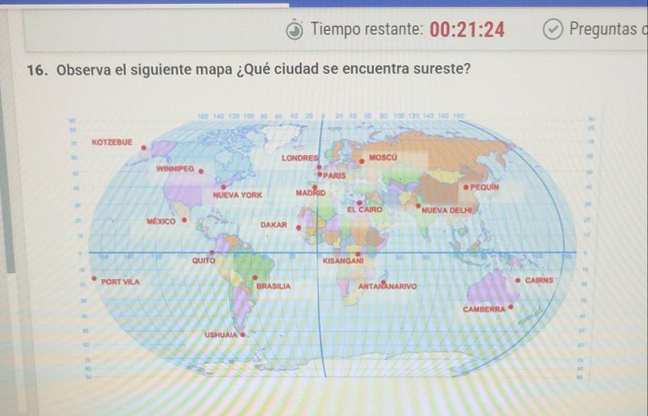 Tiempo restante: 00:21:24 Preguntas c 
16. Observa el siguiente mapa ¿Qué ciudad se encuentra sureste?