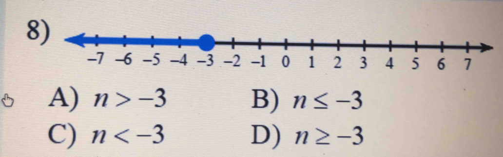 A) n>-3 B) n≤ -3
C) n D) n≥ -3