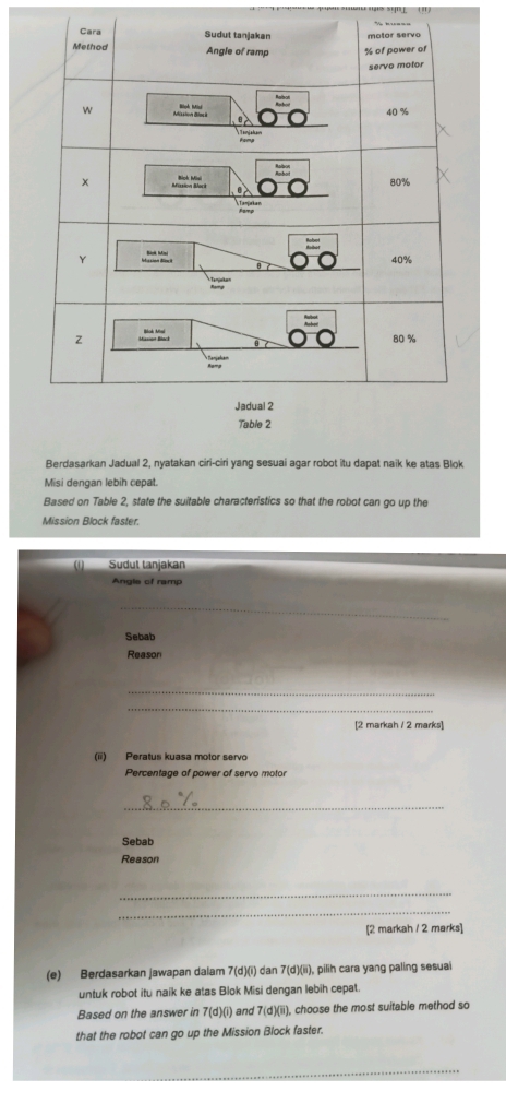 Table 2 
Berdasarkan Jadual 2, nyatakan ciri-ciri yang sesuai agar robot itu dapat naik ke atas Blok 
Misi dengan lebih cepat. 
Based on Table 2, state the suitable characteristics so that the robot can go up the 
Mission Block faster. 
(1) Sudut tanjakan 
Angle of ramp 
_ 
Sebab 
Reason 
_ 
_ 
[2 markah / 2 marks] 
(ii) Peratus kuasa motor servo 
Percentage of power of servo motor 
_ 
Sebab 
Reason 
_ 
_ 
[2 markah / 2 marks] 
(e) Berdasarkan jawapan dalam 7 (d)(i) dan 7 (d)(ii), pilih cara yang paling sesuai 
untuk robot itu naik ke atas Blok Misi dengan lebih cepat. 
Based on the answer in 7 (d)(i) and 1 (cm d)(ii), choose the most suitable method so 
that the robot can go up the Mission Block faster.